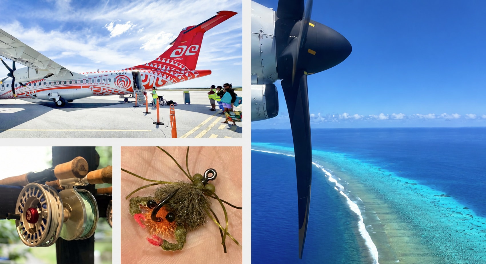 South Pacific logistics — aerial view of French Polynesia atolls, fly fishing reels, and triggerfish fly